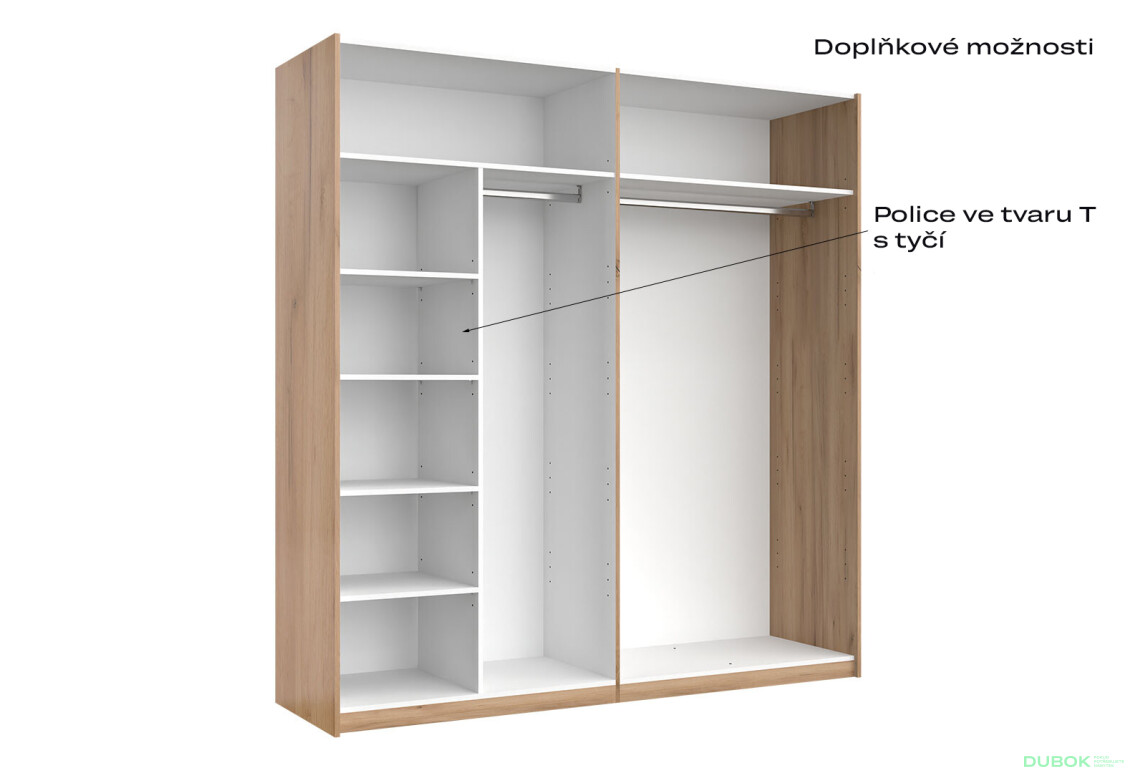 Fotografie 8 - Skříň s posuvnými dveřmi 2.0x2.1 m (Dveře Dub Kraft/Lesklá Bílá) série N Asti