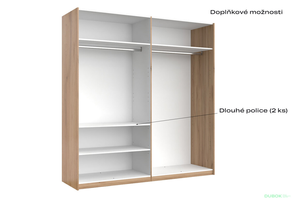 Fotografie 9 - Skříň s posuvnými dveřmi 2.0x2.1 m (Dveře Dub Kraft/Lesklá Bílá) série N Asti
