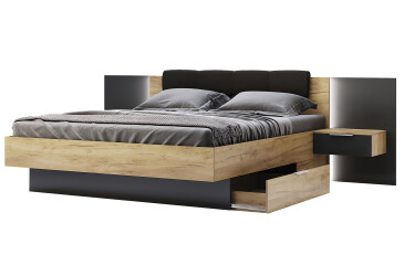 Sada Postel 180x200, měkké čelo, s nočními stolky (bez rámu) Lava / dub kraft Luna