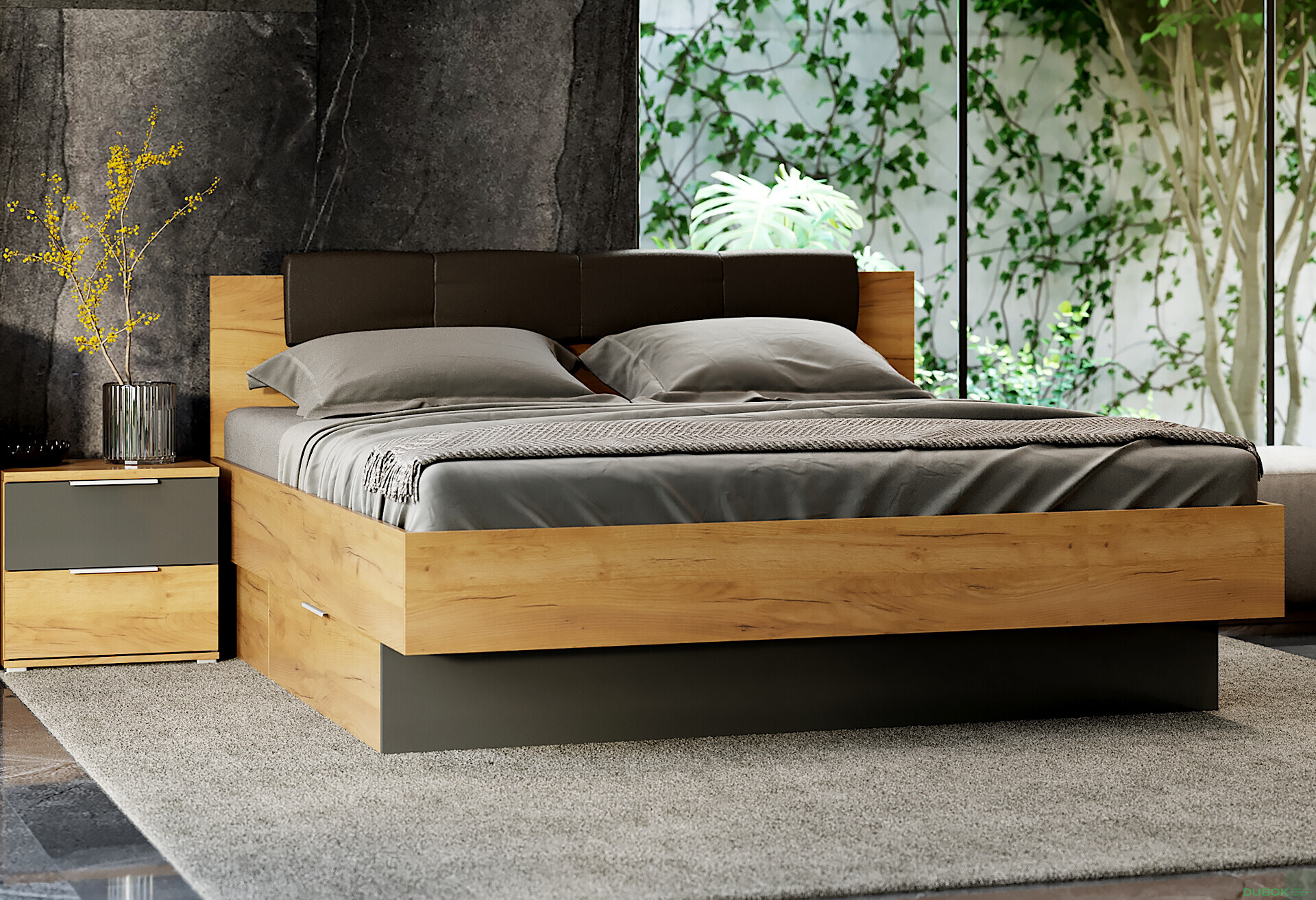 Fotografie 3 - Sada Postel 180x200, měkké čelo, s nočními stolky (bez rámu) Lava / dub kraft Luna