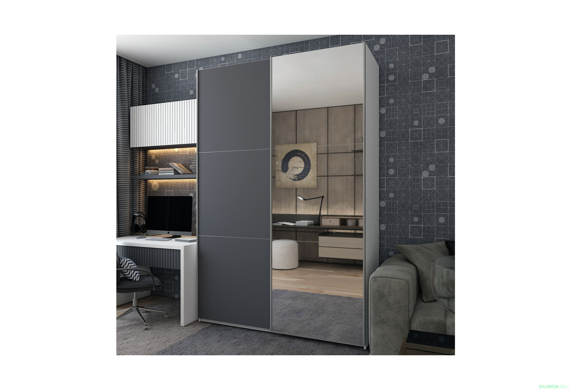 Fotografie 2 - Skříň s posuvnými dveřmi G-Caiser Bílý Grafit 1 DTD / 1 zrcadlo 180x60x240