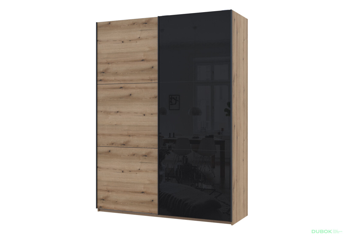 Skříň s posuvnými dveřmi G-Caiser 2dveřová: DTD + sklo, 180 cm, dub evoke / černá