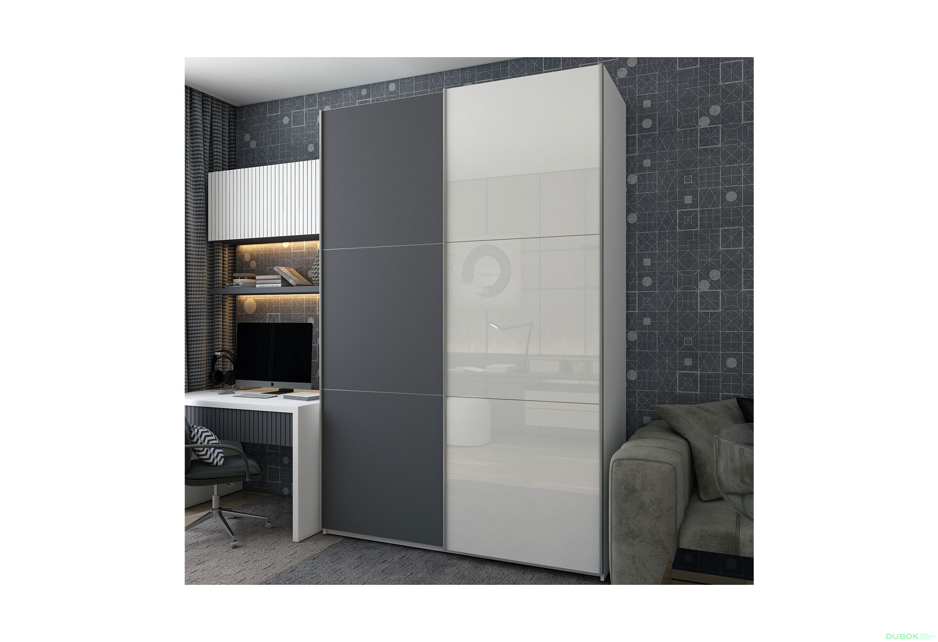 Fotografie 2 - Skříň s posuvnými dveřmi G-Caiser Bílý Grafit/Bílý 1 DTD / 1 sklo / 3 části 180x60x240