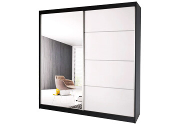 Skříň Multi 35, 183 černá + fasáda bílý lesk + zrcadlo