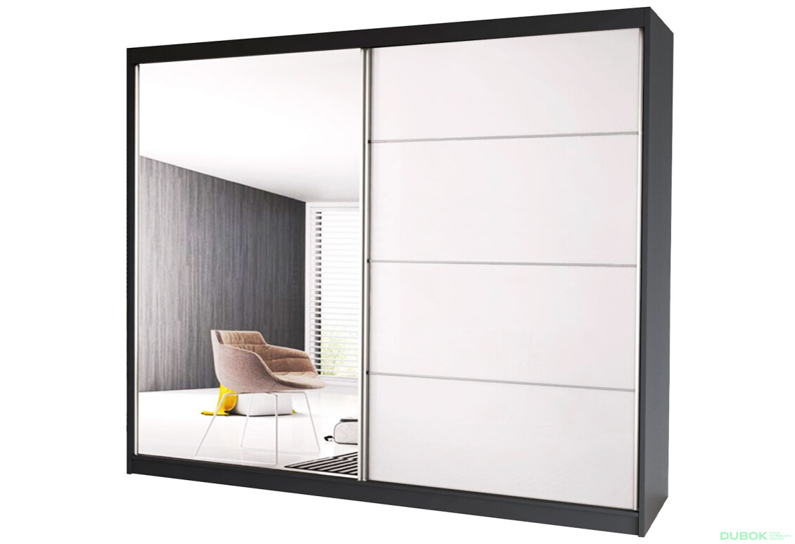 Skříň Multi 35, 233 šedá + fasáda bílý lesk + zrcadlo