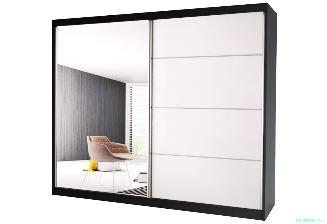 Skříň Multi 35, 233 černá + fasáda bílý lesk + zrcadlo