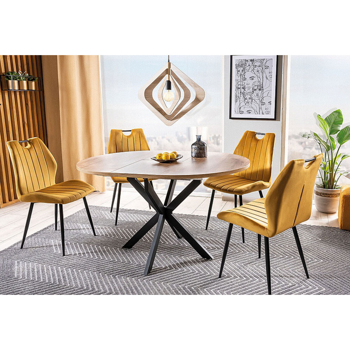 

Stůl Gaston 100(135)x100 + 4 židle Arco Velvet karí Bluvel 68 / kov černý matný