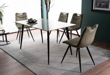 Stůl Ivy 140x80 + 4 židle Orfe Velvet olivový Bluvel 77 / černý mat