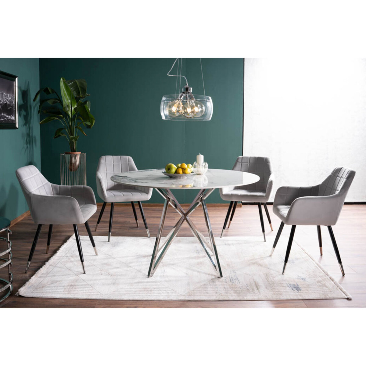 

Stůl Murano 120 biały + 4 židle Nuxe Velvet světle šedý Bluvel 03