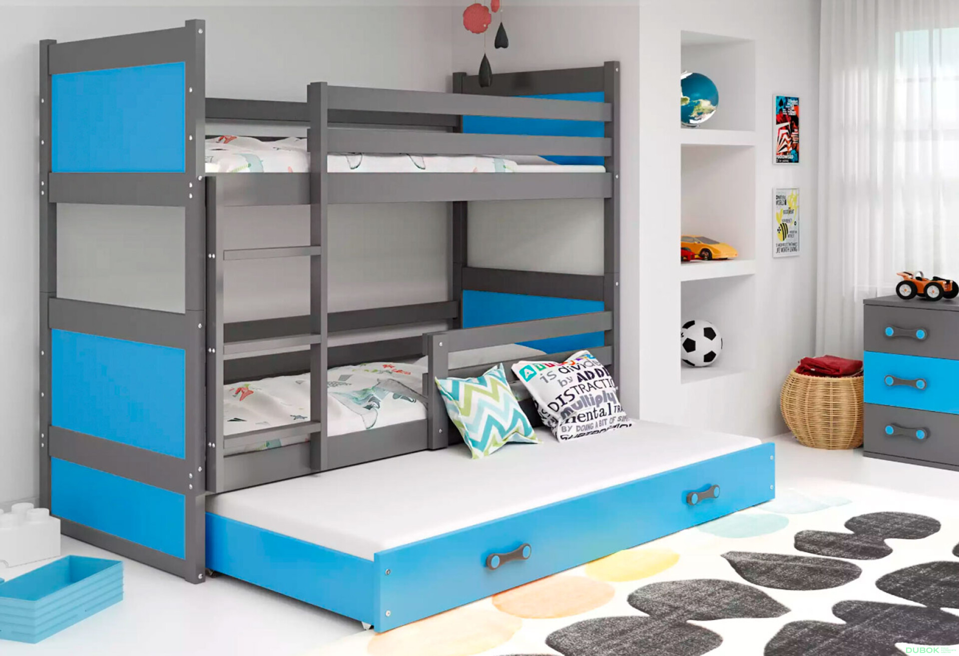 Фото 2 - Patrová postel Rico pro tři osoby grafit / modrý 90x200 cm s matrací