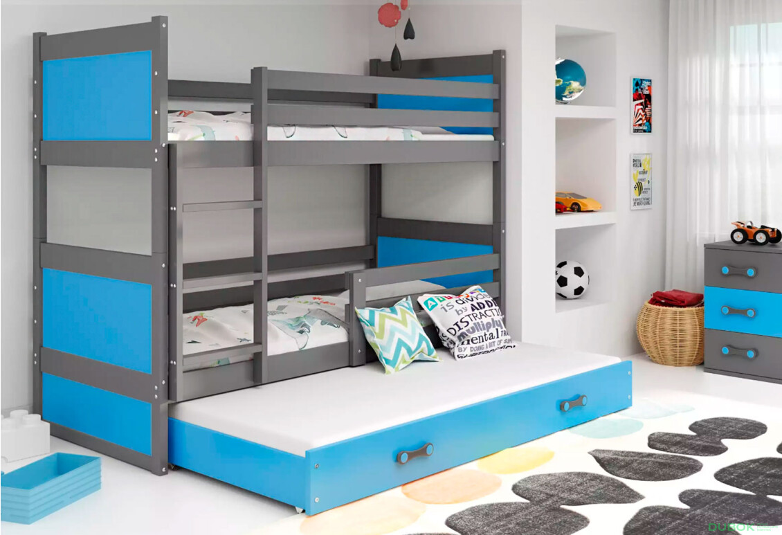 Фото 2 - Patrová postel Rico pro tři osoby grafit / modrý 90x200 cm s matrací
