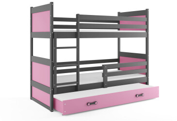 Patrová postel Rico pro tři osoby grafit / růžový 90x200 cm s matrací