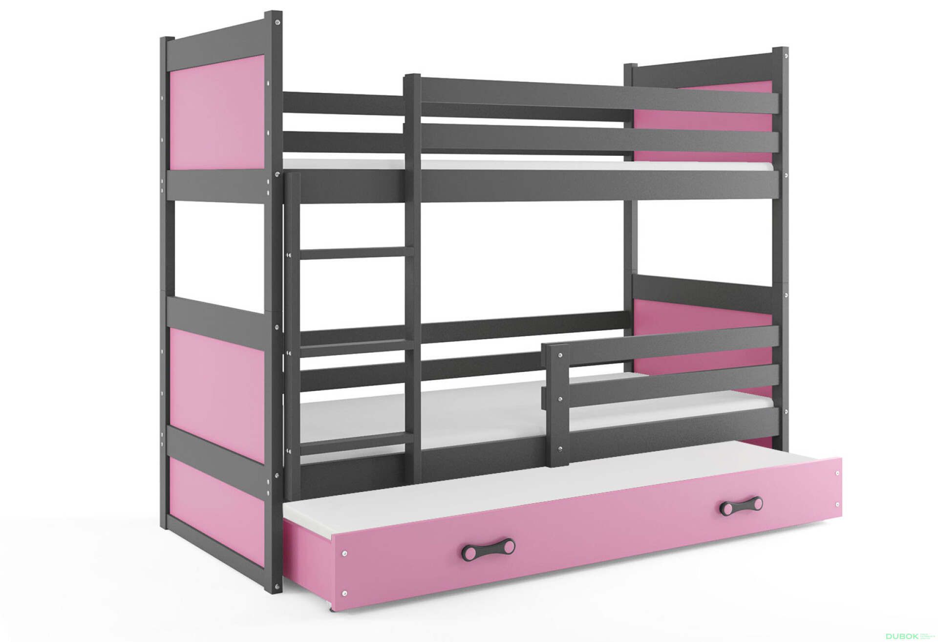 Фото 1 - Patrová postel Rico pro tři osoby grafit / růžový 90x200 cm s matrací