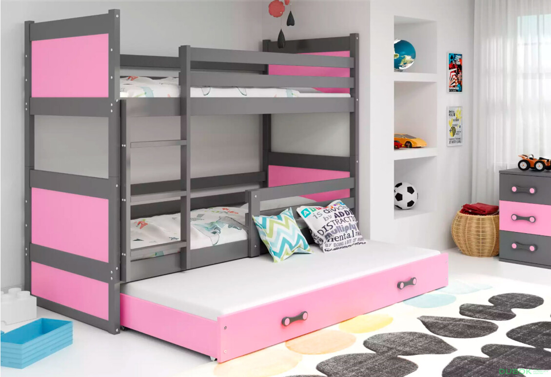 Фото 2 - Patrová postel Rico pro tři osoby grafit / růžový 90x200 cm s matrací