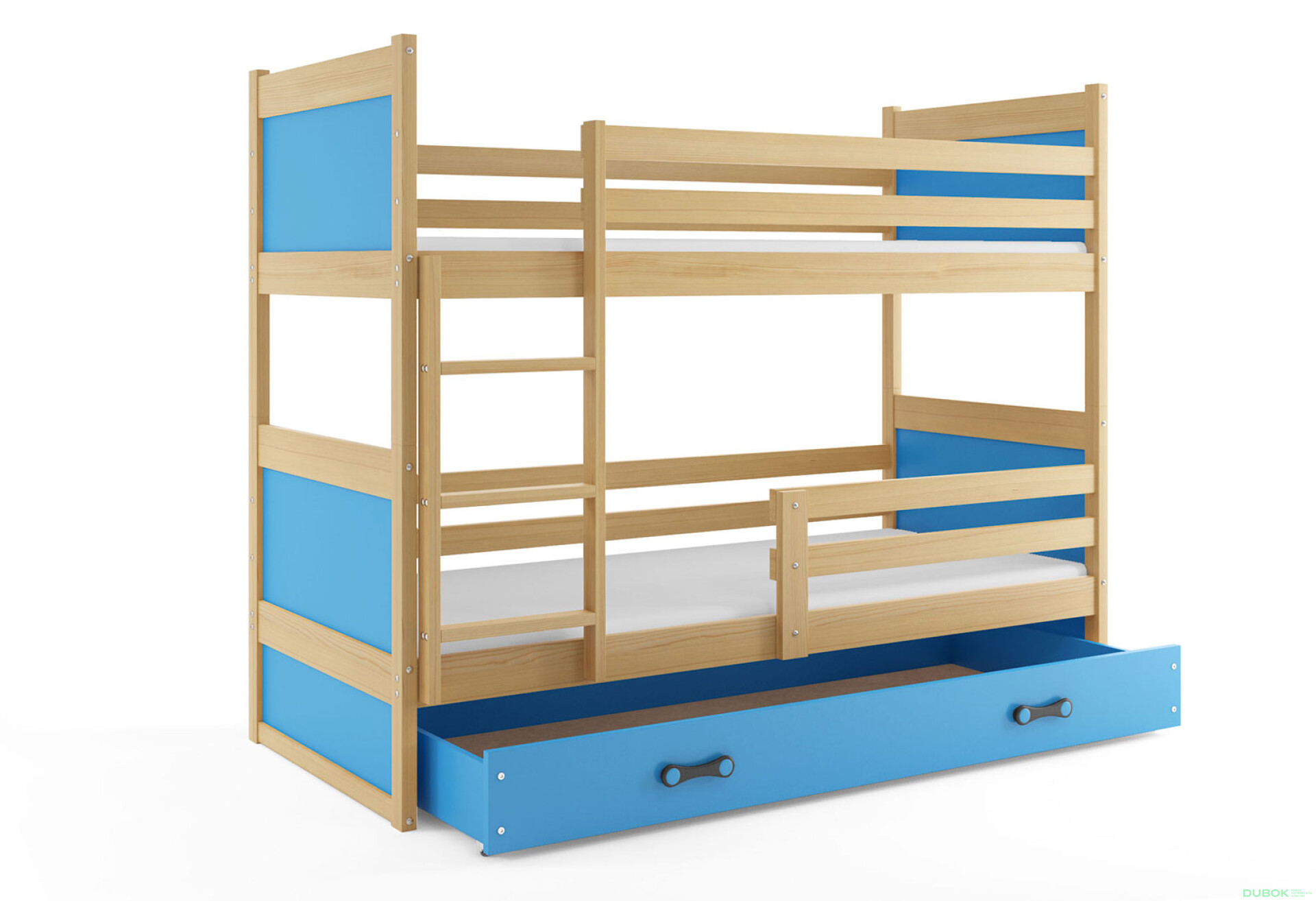 Фото 1 - Patrová postel Rico borovice / modrý 90x200 cm s matrací