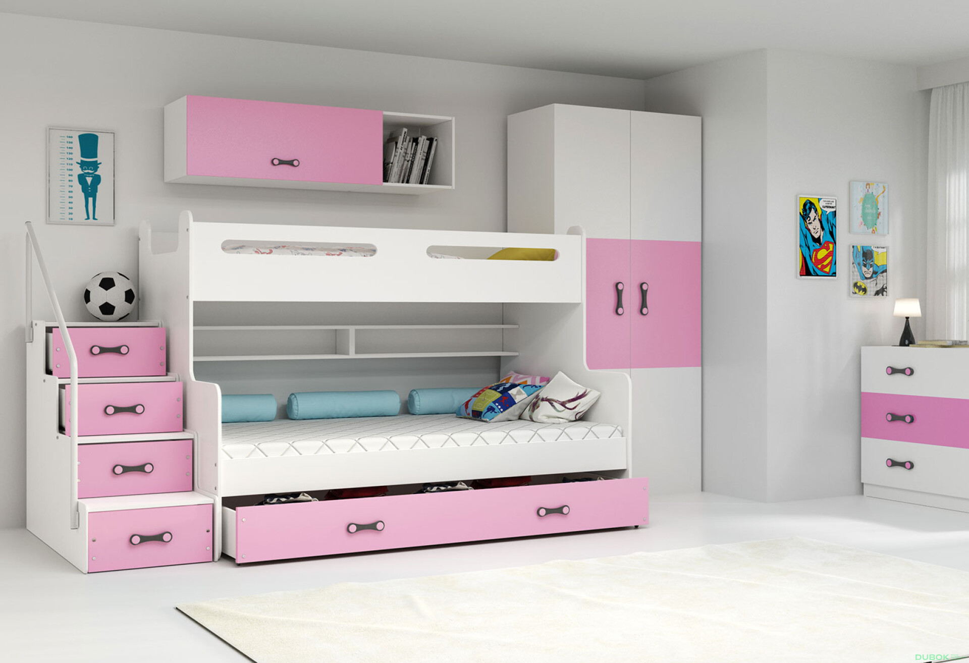 Фото 3 - Patrová postel Max 3 bílé / růžový 80x200 / 120x200 + zásuvka, s matrací