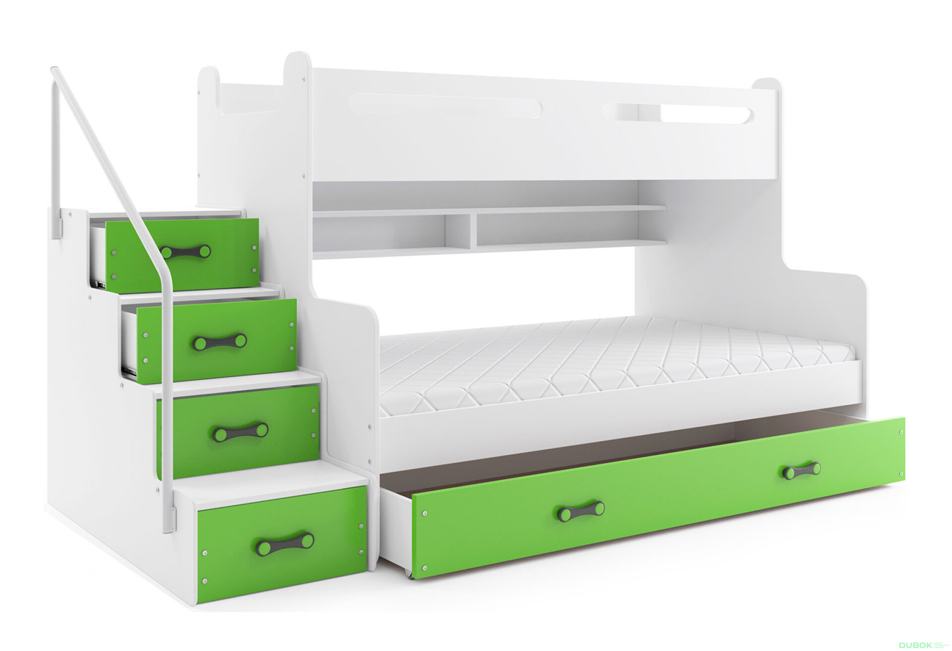 Фото 1 - Patrová postel Max 3 bílé / zelený 80x200 / 120x200 + zásuvka, s matrací