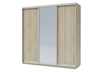 Skříň 250x240x60 dub sonoma, 2 dřevotříska+1 zrcadlo, stříbrný profil