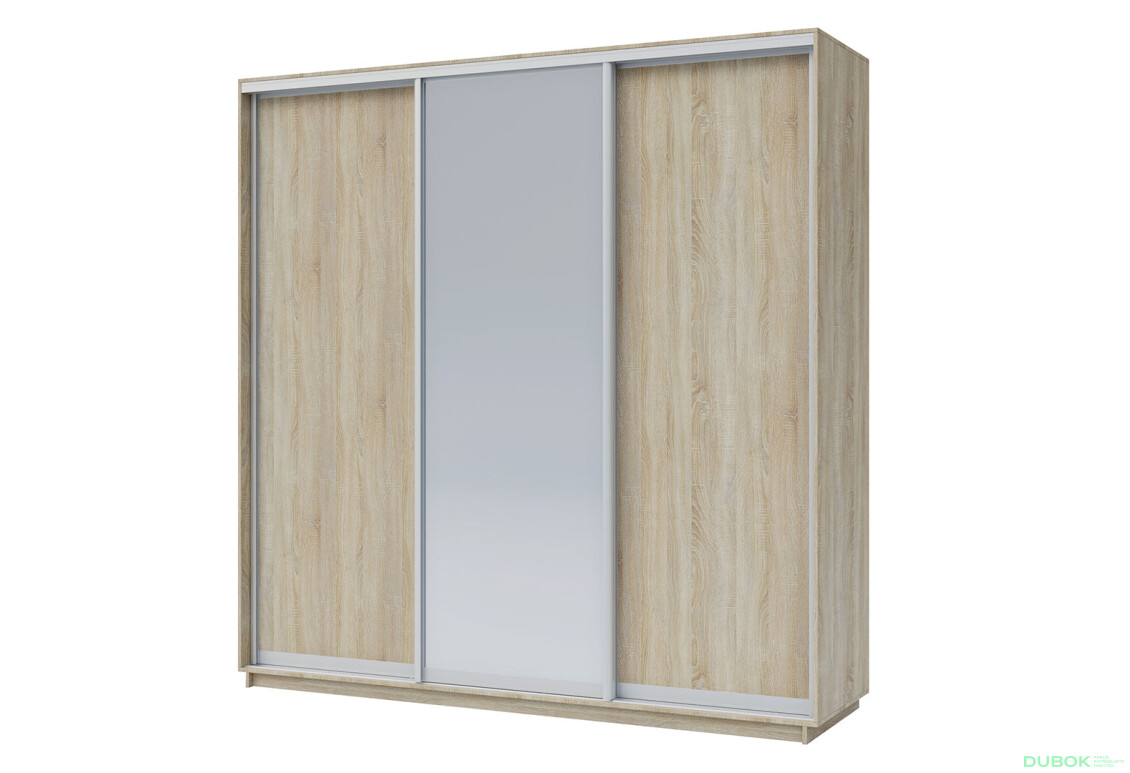 Skříň 250x240x60 dub sonoma, 2 dřevotříska+1 zrcadlo, stříbrný profil