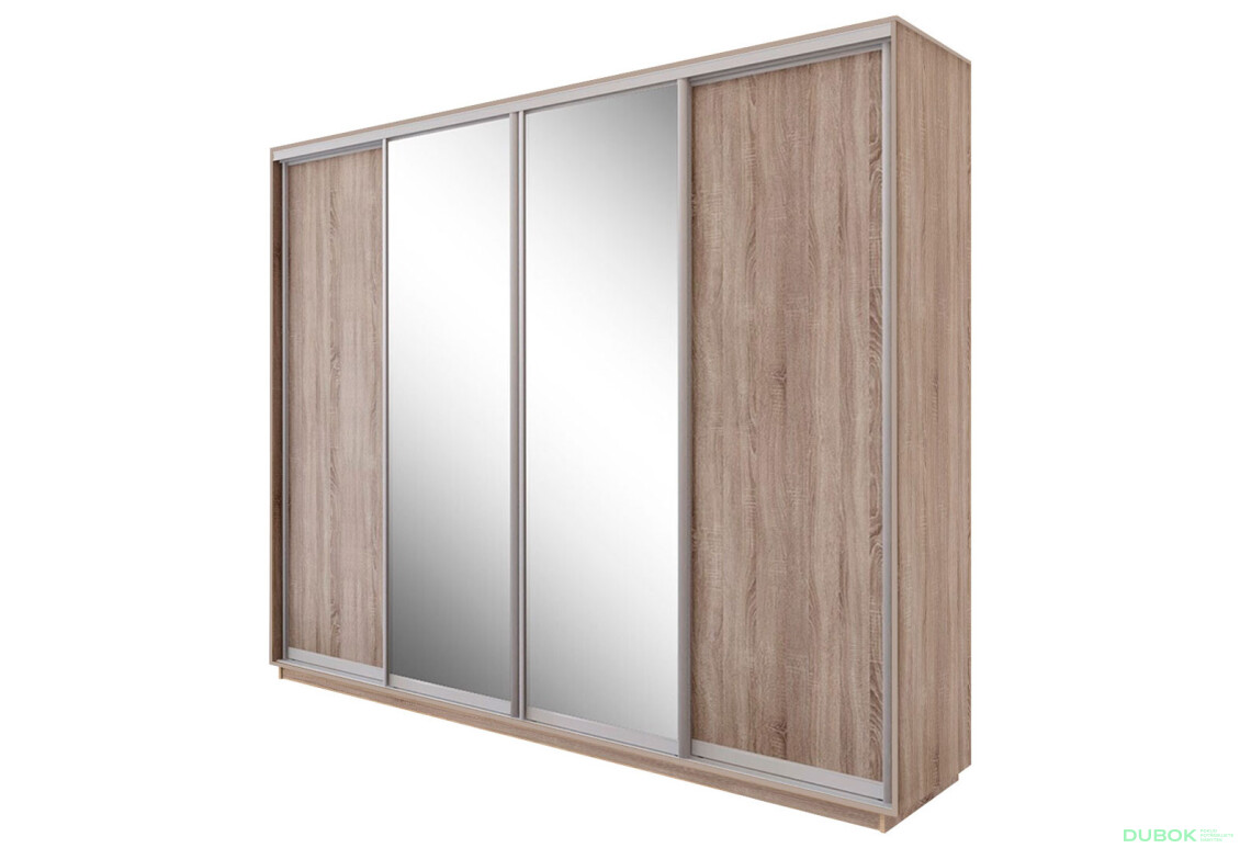 Skříň 300x240x60 dub sonoma, 2 dřevotříska+2 zrcadla, stříbrný profil