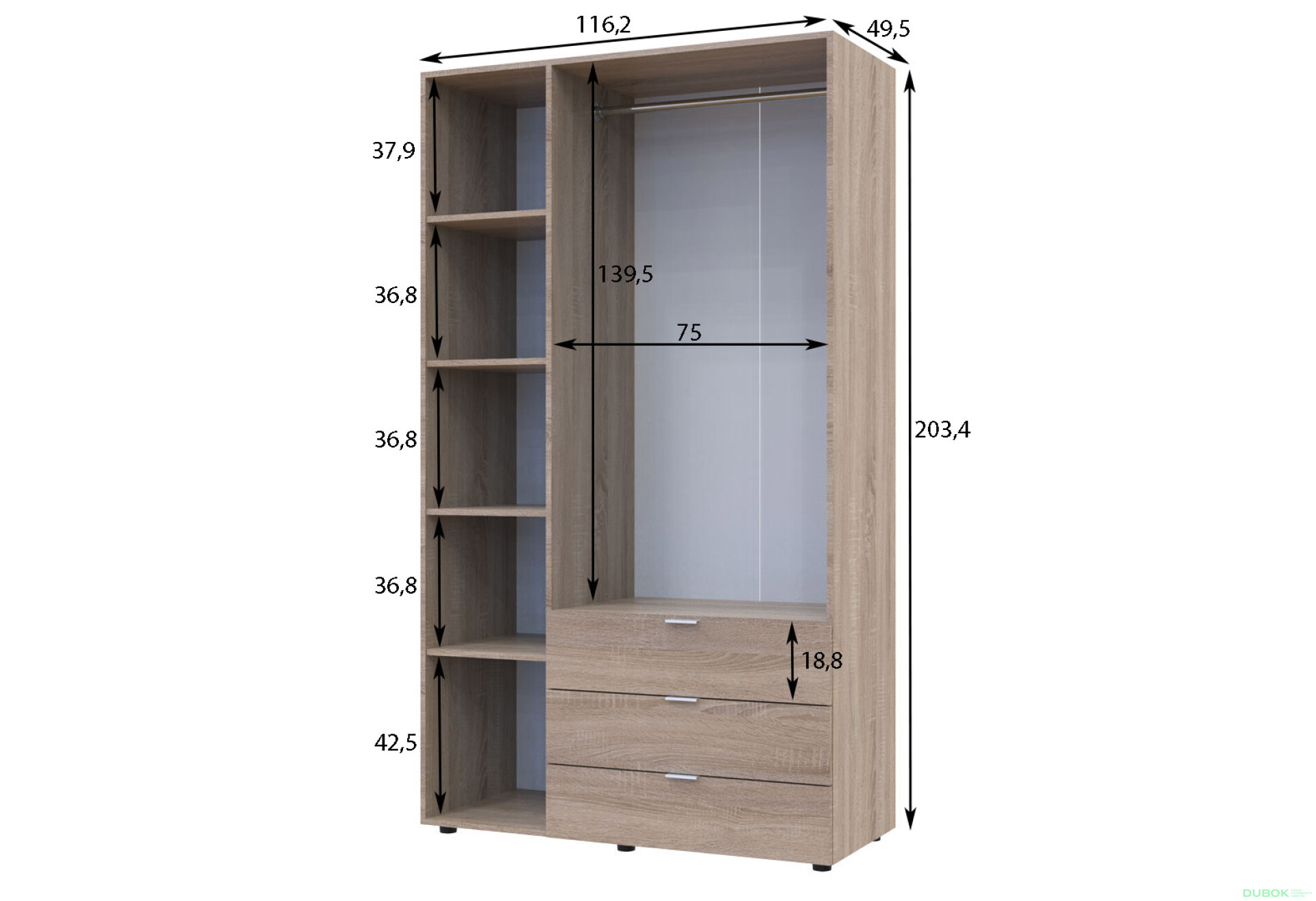 Fotografie 5 - Skříň třídveřová Gelar 116.2 cm Dub sonoma