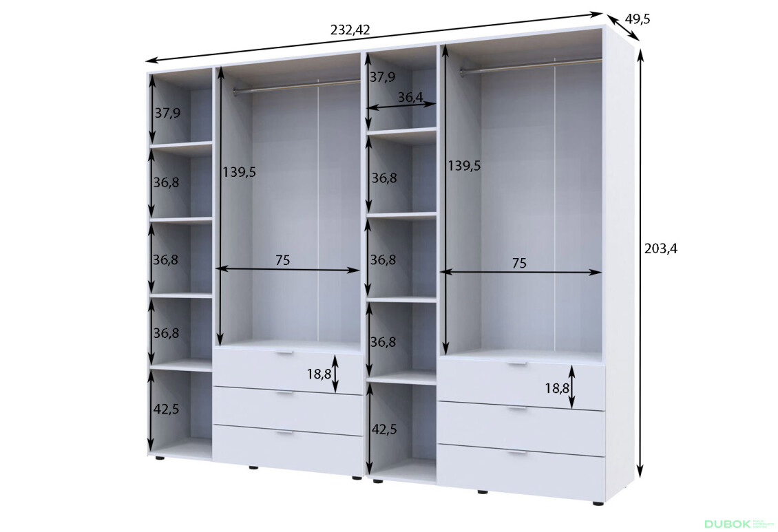 Fotografie 3 - Skříň šestidveřová Gelar 232.42 cm Bílá