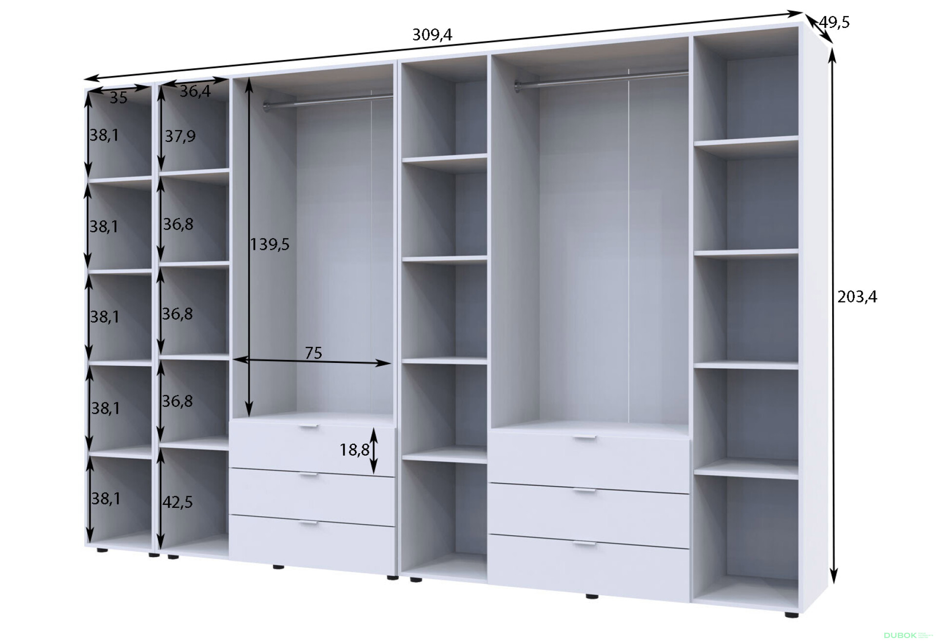 Fotografie 6 - Skříň sedmidveřová s regálem Gelar 309 cm Bílá