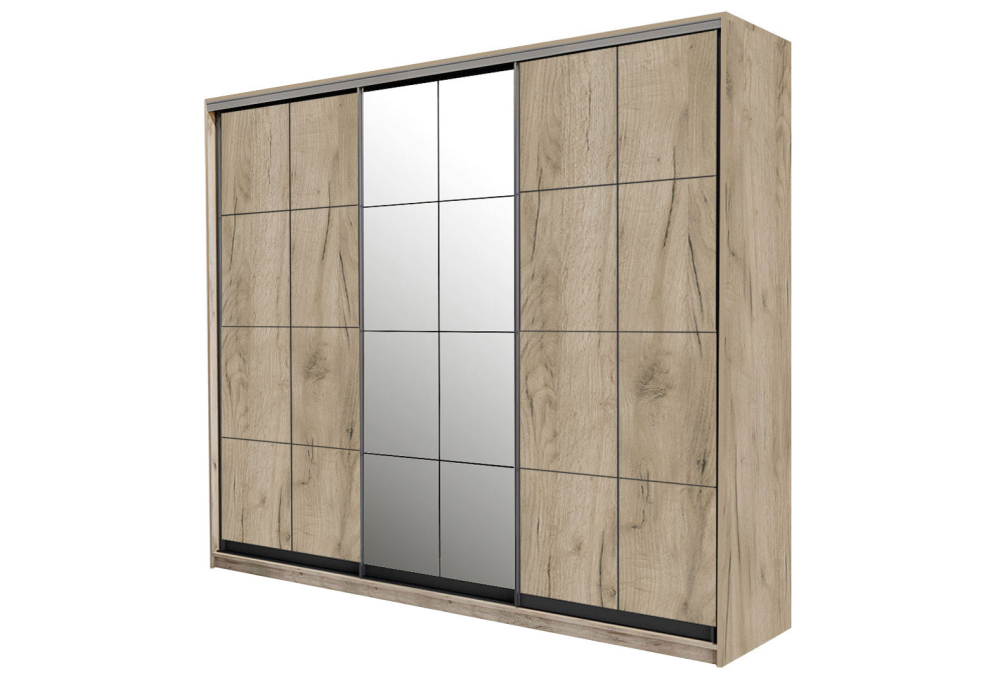 Skříň 3D W Loft 1800x600x2400, 2 DTD + 1 zrcadlo Lines BL, Dub kraft šedý