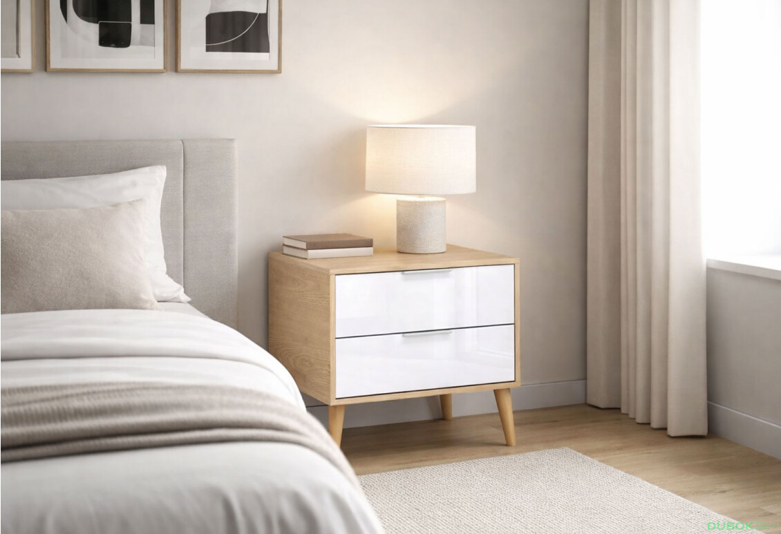 Fotografie 2 - Noční stolek 2šx lesklá bílá / dub cremona Olivia