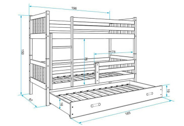 Patrová postel Carino pro tři osoby borovice, zásuvka bílá 80x190 cm s roštem, matrací
