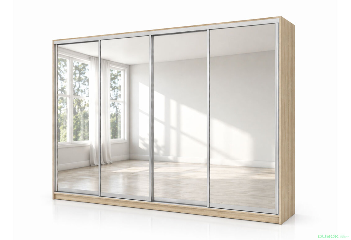 Skříň s posuvnými dveřmi 2400x3000x600 4 zrcadla dub sonoma, profil stříbrný