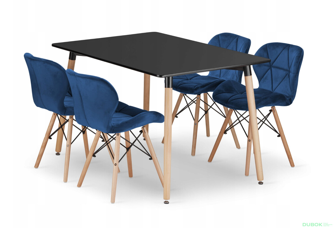 Sada obdélníkový stůl ADRIA 120x80 černý + 4 židle LAGO modré