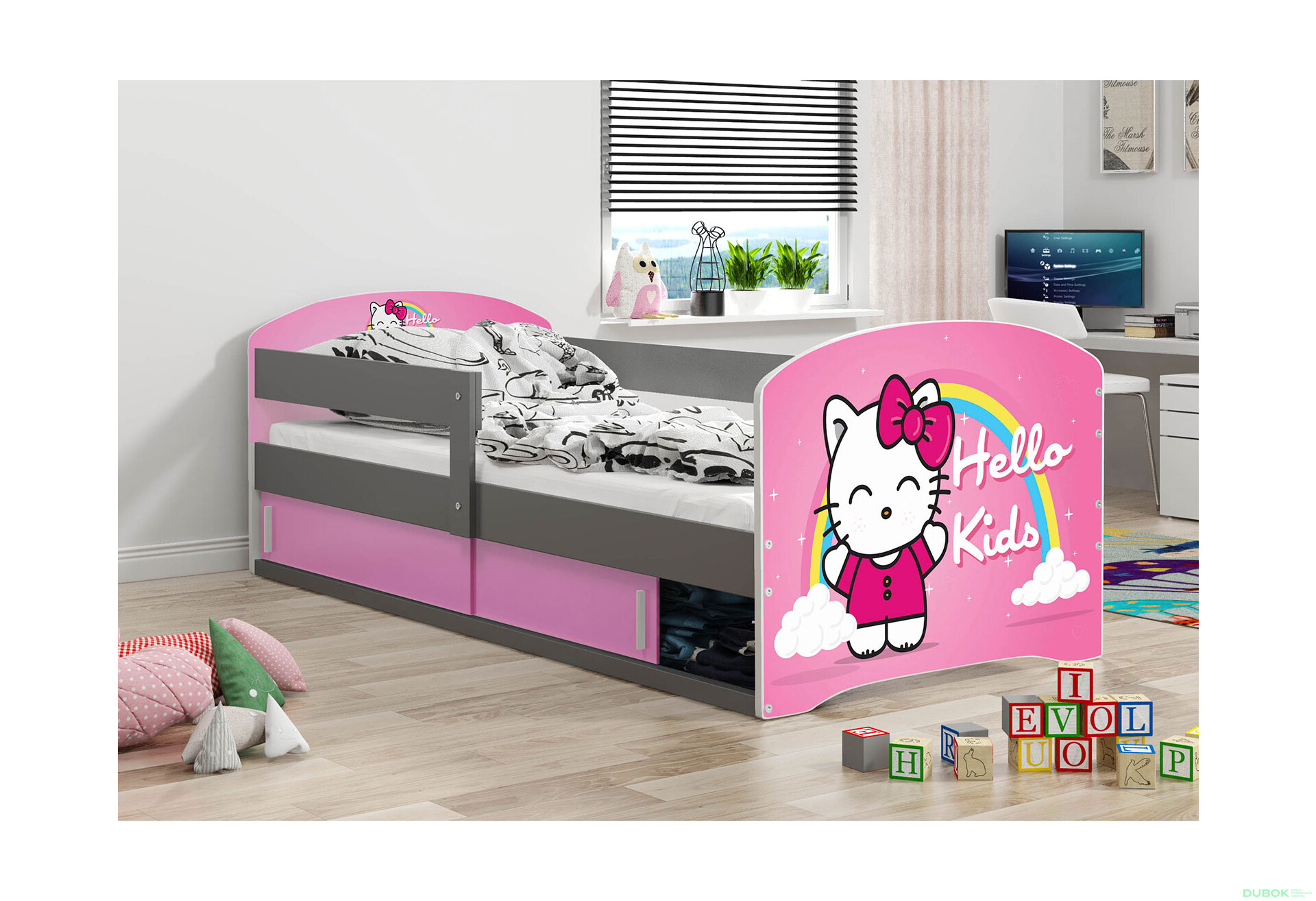 Fotografie 2 - Postel Luki 1 grafit Hello Kids 80x160 cm s roštem, matrací