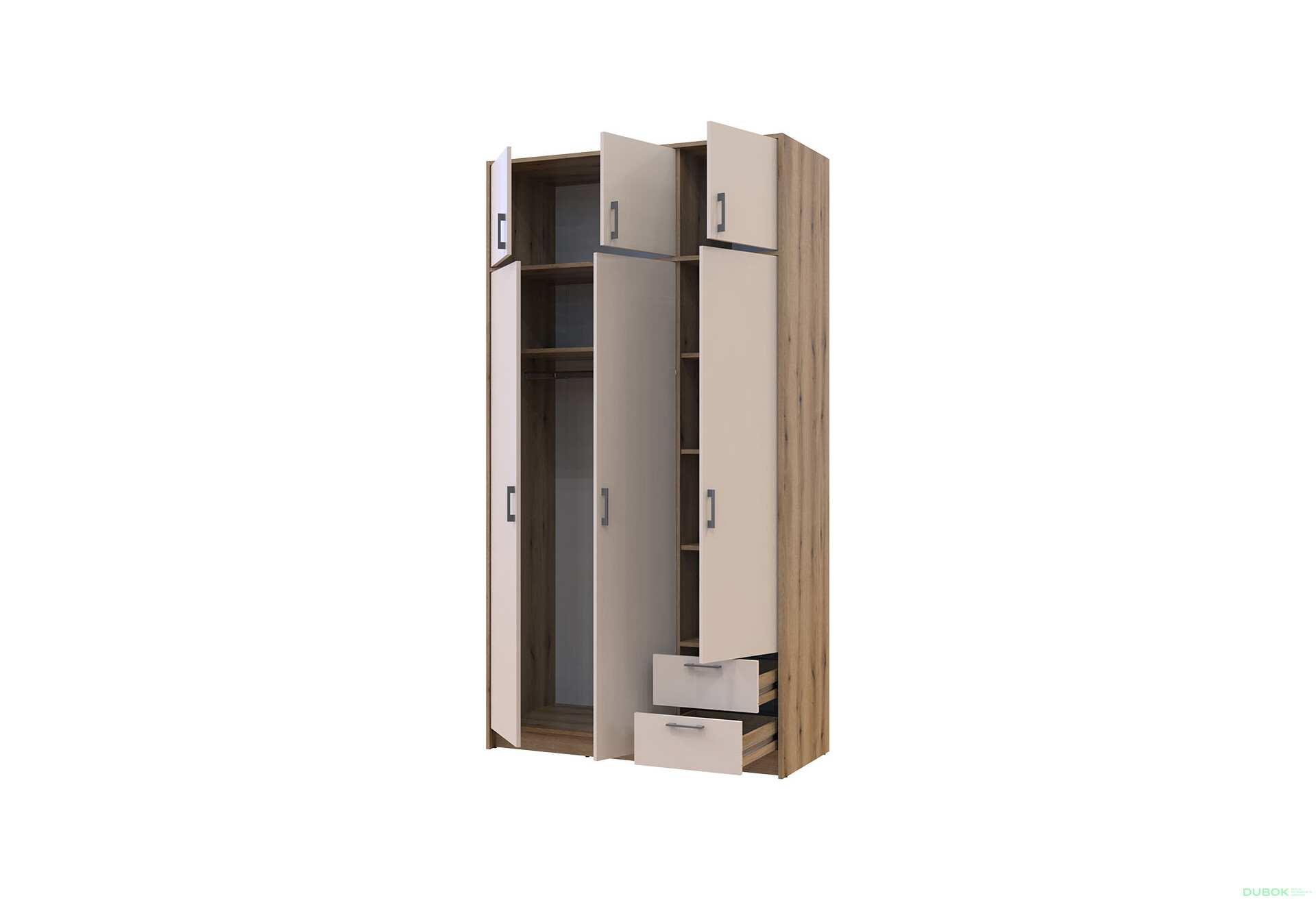 Skříň Rondi 3 dřevotříska s horním prostorem artisan dub / cashmere 121x52x236 - Fotografie 5 Fotografie 5 - Skříň Rondi 3 dřevotříska s horním prostorem artisan dub / cashmere 121x52x236