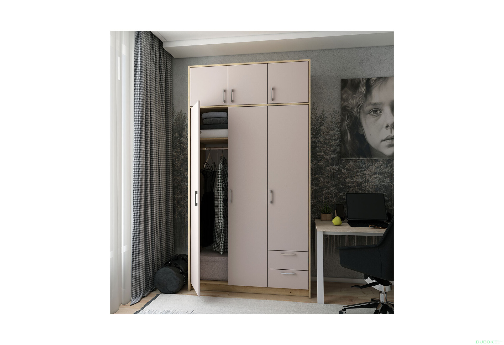 Fotografie 2 - Skříň Rondi 3 dřevotříska s horním prostorem artisan dub / cashmere 121x52x236