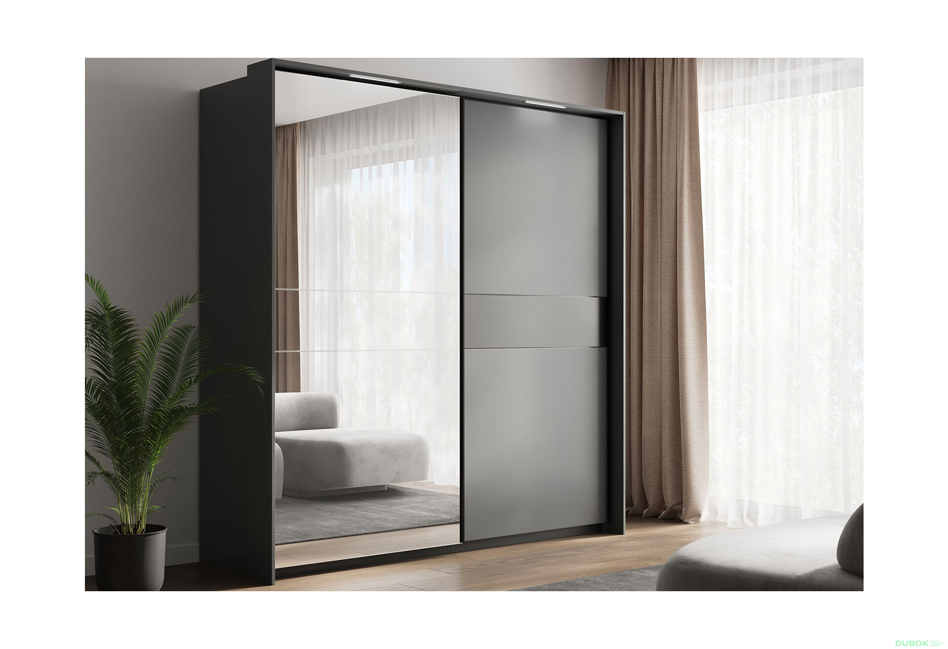 Skříň s posuvnými dveřmi 2,0 m se zrcadlem Mat antracit / mat grafit Teo - Fotografie 4 Fotografie 4 - Skříň s posuvnými dveřmi 2,0 m se zrcadlem Mat antracit / mat grafit Teo