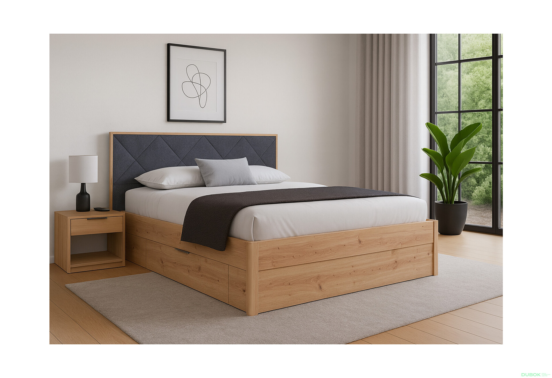 Fotografie 2 - Postel 180x200, měkké čelo, se zásuvkami, bez roštu, dub artisan / tmavě šedá Raymond Mat antracit