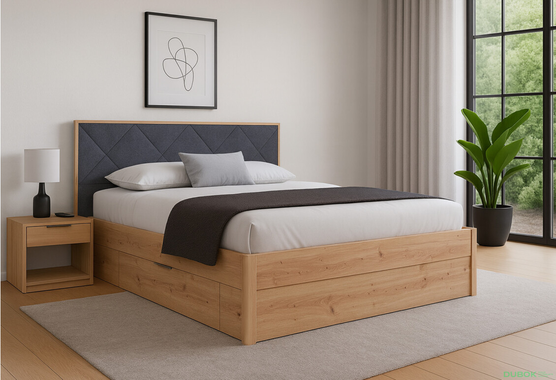 Fotografie 2 - Postel 180x200, měkké čelo, se zásuvkami, bez roštu, dub artisan / tmavě šedá Raymond Mat antracit
