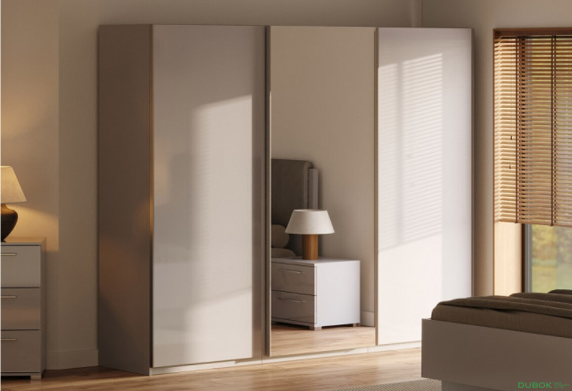 Fotografie 2 - Skříň s posuvnými dveřmi 2,5x2,1 m lesklá šedá / zrcadlo Megy