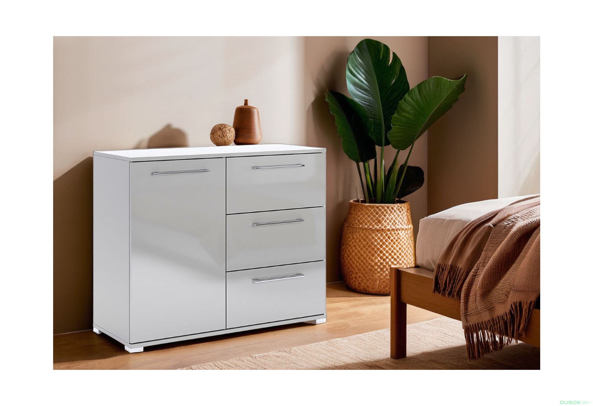 Komoda 1dveřová 3zásuvková šedý lesk Megy - Fotografie 2 Fotografie 2 - Komoda 1dveřová 3zásuvková šedý lesk Megy