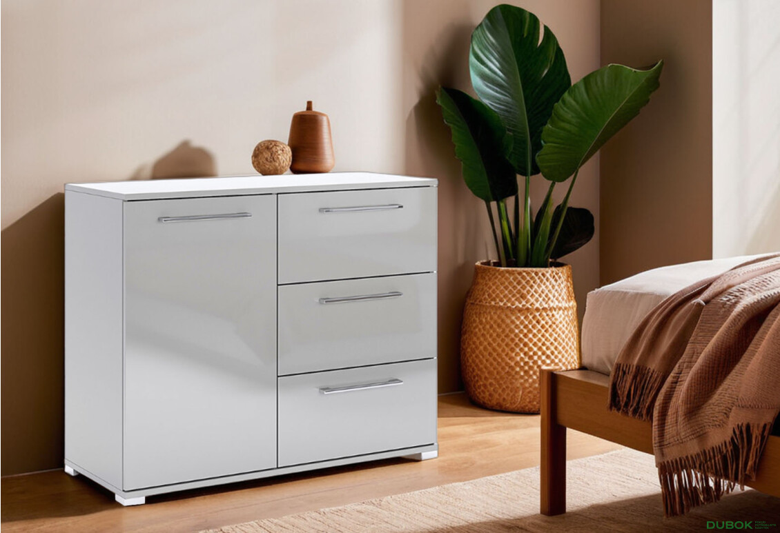 Komoda 1dveřová 3zásuvková šedý lesk Megy - Fotografie 2 Fotografie 2 - Komoda 1dveřová 3zásuvková šedý lesk Megy