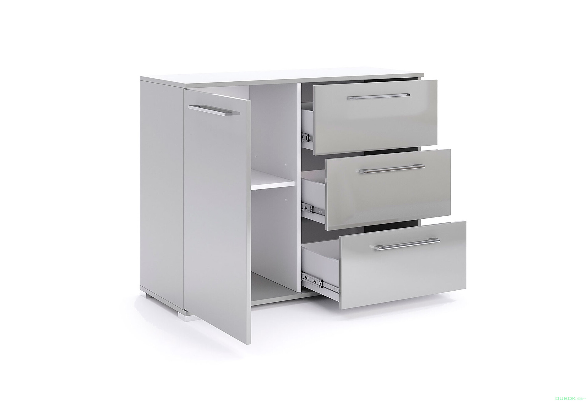 Komoda 1dveřová 3zásuvková šedý lesk Megy - Fotografie 4 Fotografie 4 - Komoda 1dveřová 3zásuvková šedý lesk Megy