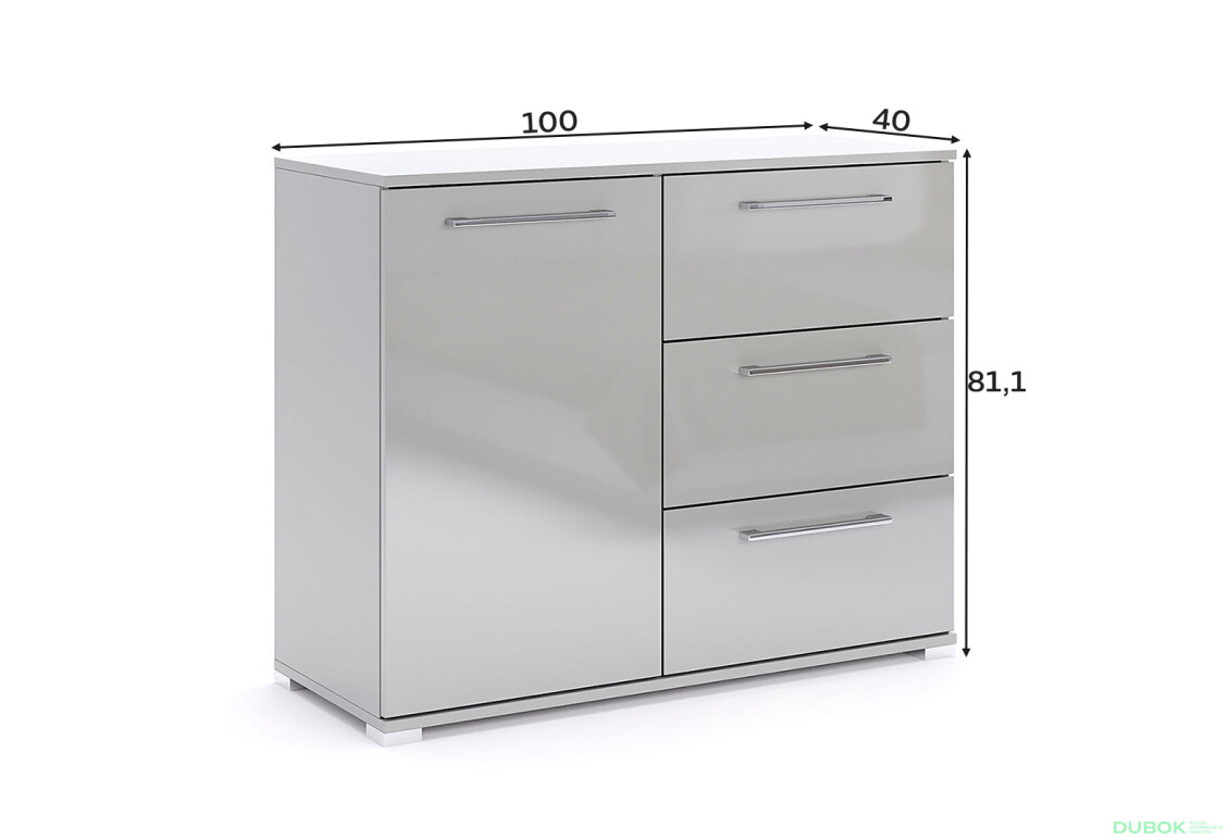 Fotografie 5 - Komoda 1dveřová 3zásuvková šedý lesk Megy