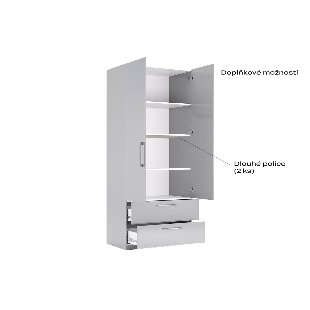 

Skříň 2dv 2šx bez zrcadel, série N šedý lesk Megy