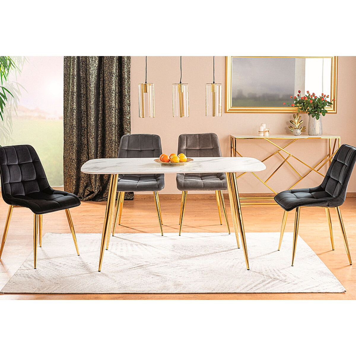 

Stůl Ceres 140x80 + 4 židle Chic Velvet Bluvel černý / šedý