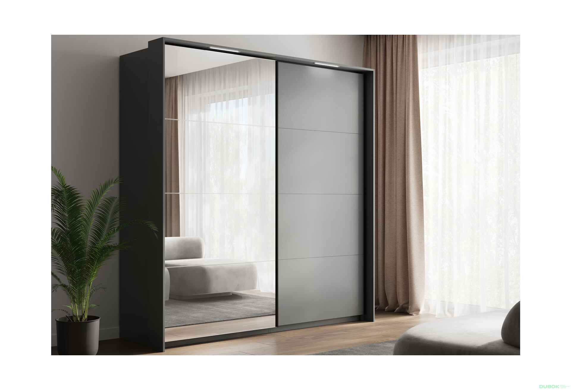 Skříň s posuvnými dveřmi 1,5x2,1 m (Dveře Grafit/Zrcadlo) série N Dominika - Fotografie 2 Fotografie 2 - Skříň s posuvnými dveřmi 1,5x2,1 m (Dveře Grafit/Zrcadlo) série N Dominika