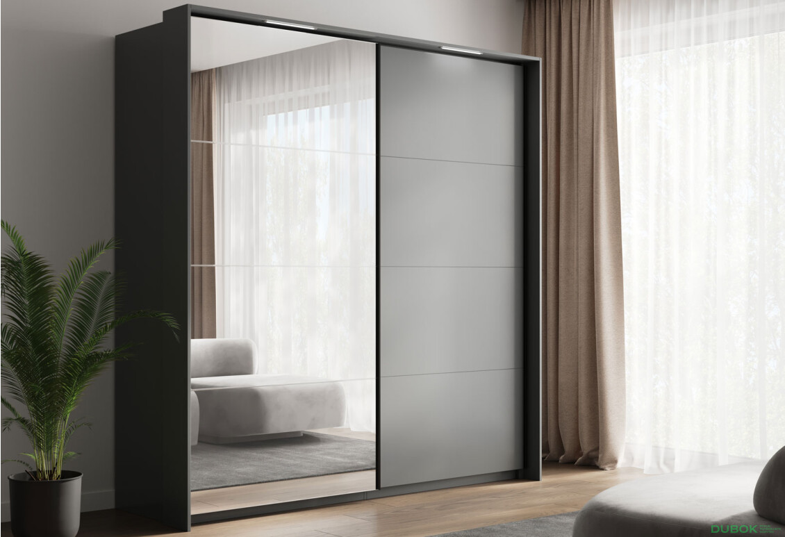 Skříň s posuvnými dveřmi 1,5x2,1 m (Dveře Grafit/Zrcadlo) série N Dominika - Fotografie 2 Fotografie 2 - Skříň s posuvnými dveřmi 1,5x2,1 m (Dveře Grafit/Zrcadlo) série N Dominika