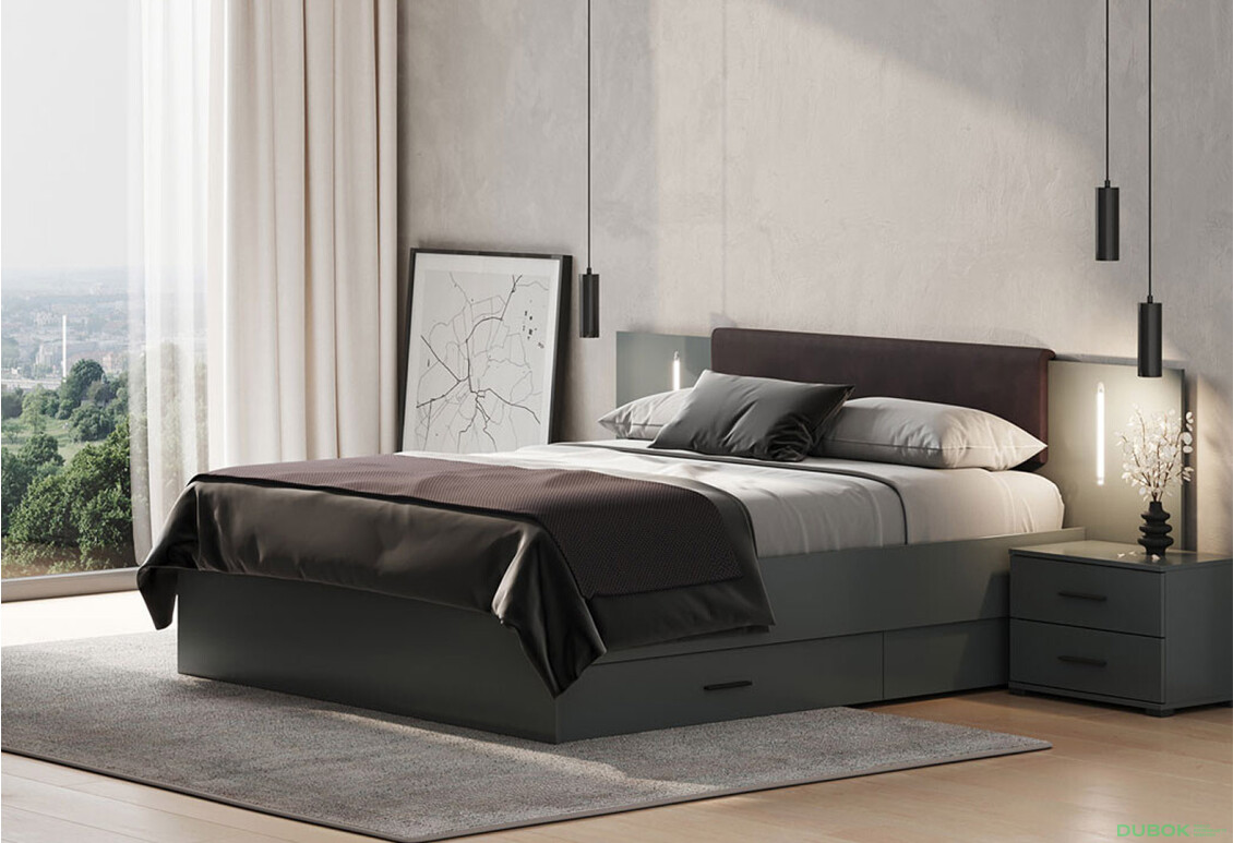 Postel 1.6x2.0 Měkké čelo s šuplíky bez rámu, grafit Dominika - Fotografie 2 Fotografie 2 - Postel 1.6x2.0 Měkké čelo s šuplíky bez rámu, grafit Dominika