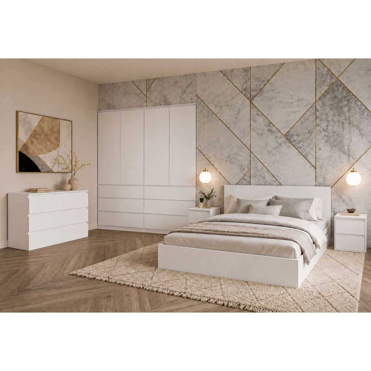 Sestava do ložnice se šatní skříní 4D a postelí 160x200 cm se zásuvkami, nymfhea alba Idea