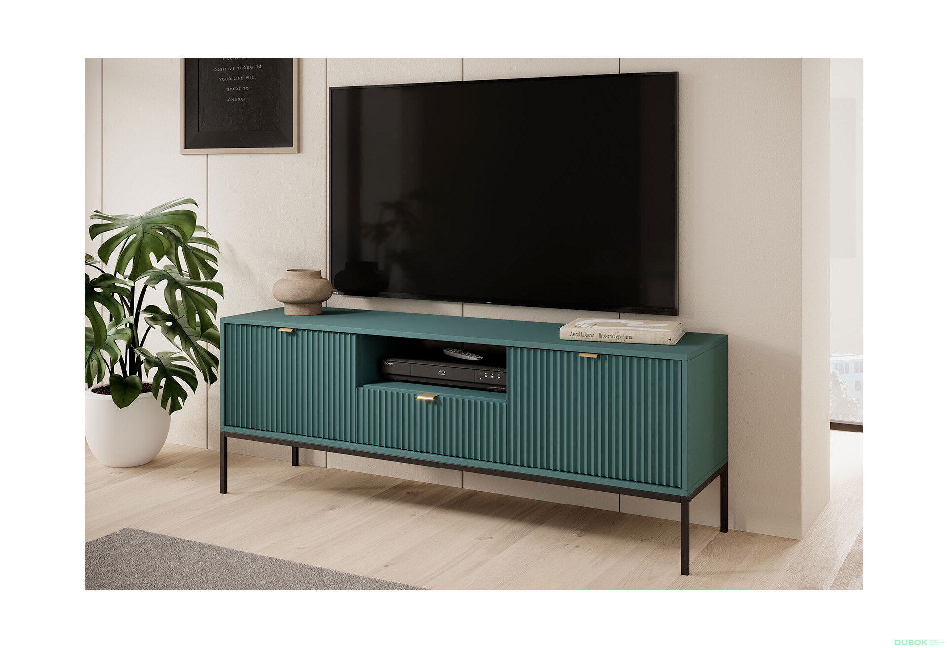 Fotografie 4 - TV stolek RTV154 zelený Nova Černé nohy / zlatý úchytky